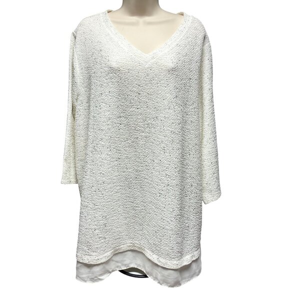 Catherines  2X V-Neck Pullover LS Blouse Top White Textured With Silver Specks - Picture 1 of 9